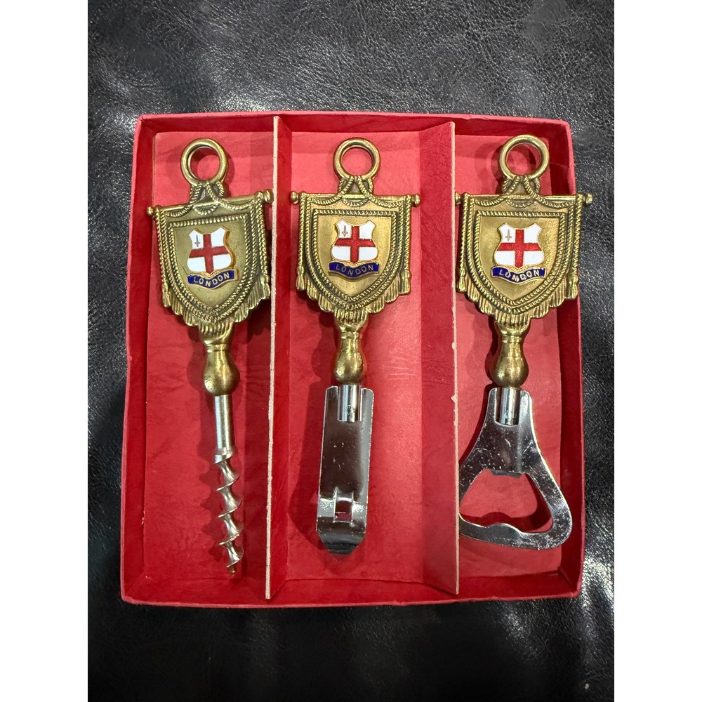 London Souvenir Corkscrew Bottle Opener Set Vintage Brass Heraldic Crest